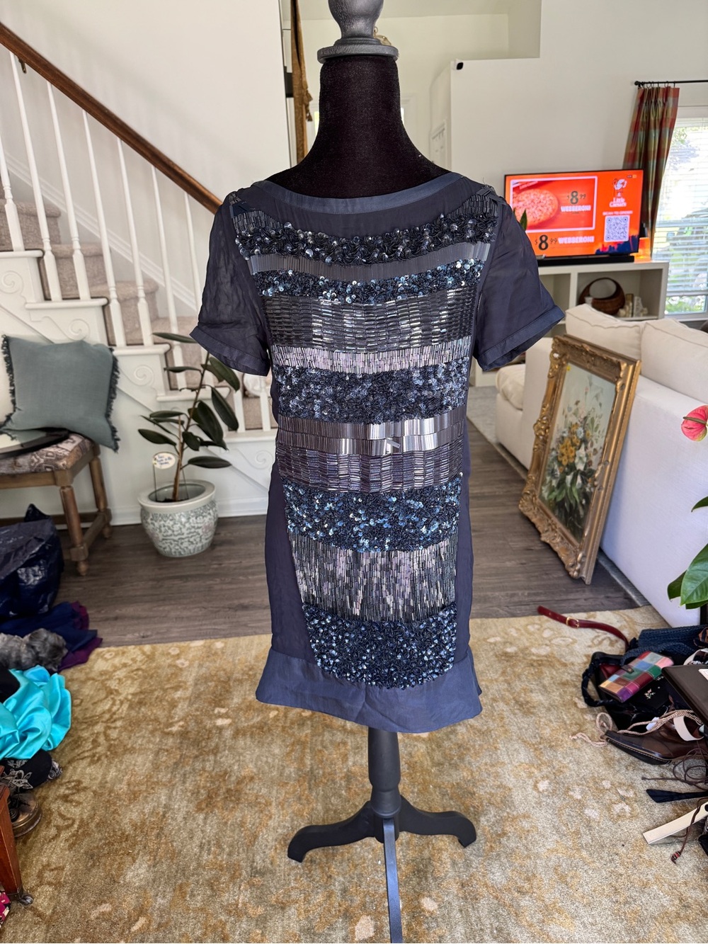 All Saints 100% Silk Beaded Sequined Mini Dress Sheer